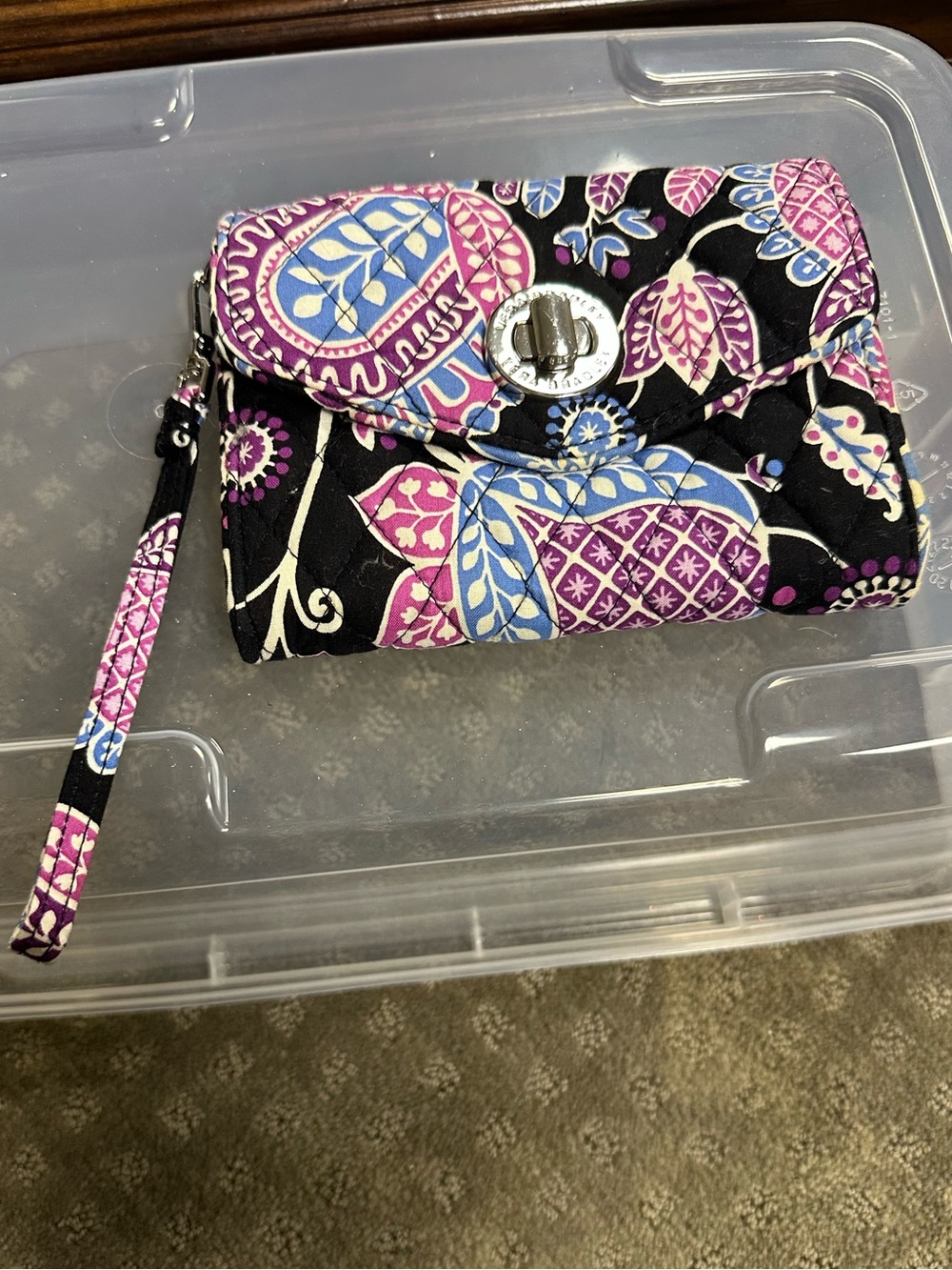 Vera Bradley Black Quilted Floral Wristlet with Purple & Blue Accents